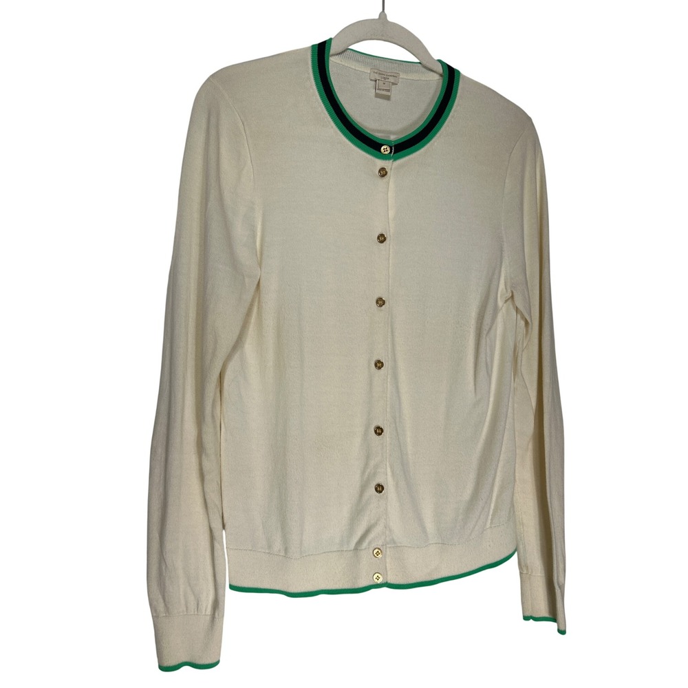 J.Crew The Caryn Cardigan Cream White Green Striped Cotton Sweater Size M EUC